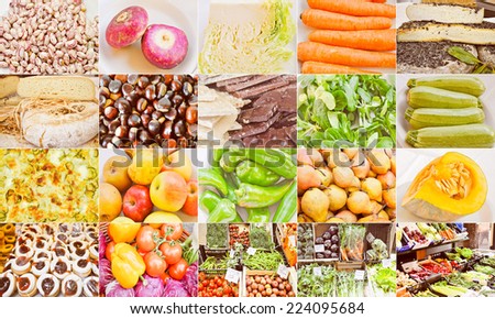 Vintage looking Food collage set with beans, vegetables, fruit and cheese