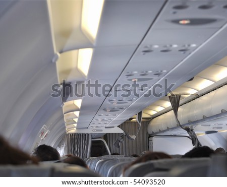 Interior view of a flying plane for passengers transportation