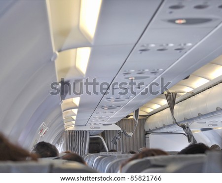 Interior view of a flying plane for passengers transportation