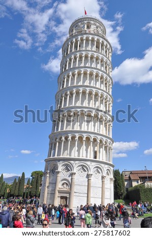 PISA, ITALY - : Tourists in front of the leaning Pisa Tower aka Torre di Pisa in Italy