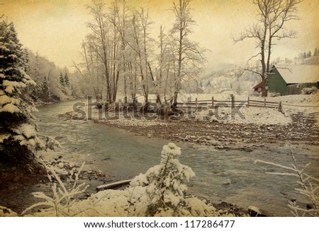 winter landscape in the carpathians mountains. vintage paper .