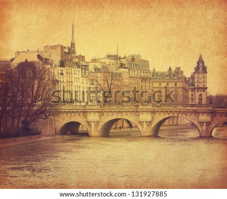 Seine.Pont Neuf in central Paris, France. Photo in retro style. Paper texture.