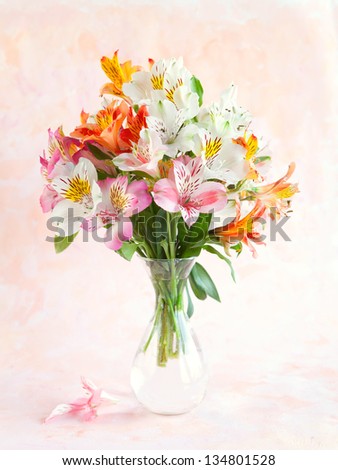 Bouquet of Alstroemeria in a transparent glass vase on abstract background
