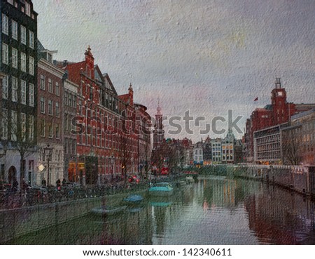 The Singel is one of the numerous canals in Amsterdam,  Netherlands . In the background Munttoren .photograph stylized as an old oil painting. texture of canvas