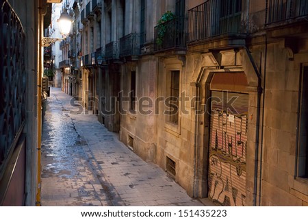 Empty alleyway in Barcelona. Spain. Carrer dels Tallers  street in  the early  morning.