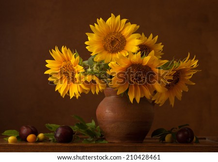 Bouquet of sunflowers in old clay  jug.
