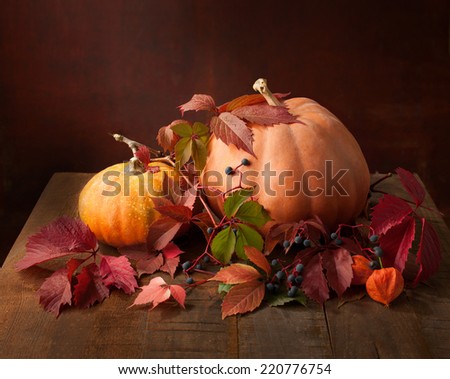 Autumn still life - pumpkins, autumn leaves  and physalis against the background of old wooden wall.