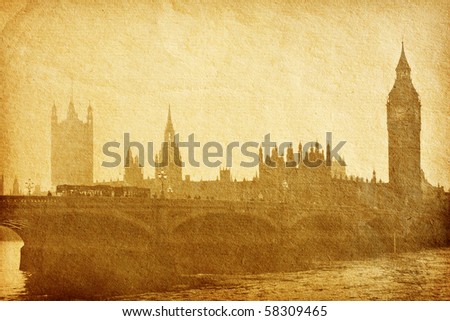 vintage paper textures. Buildings of Parliament with Big Ben  tower in London UK view from Themes river. aged paper texture.