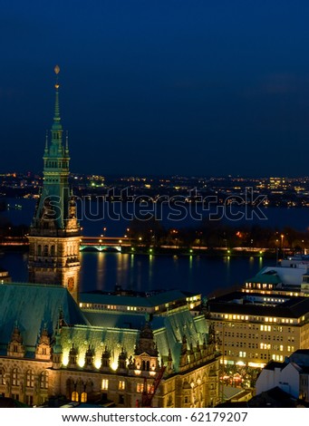 Hamburg at the evening.  hamburg town hall.  View from St. Nikolai Church tower.  Germany.