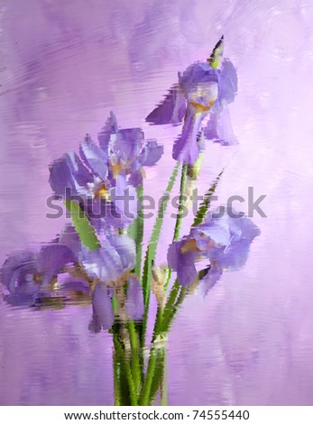 bouquet of spring purple Irises behind   embossed  glass. Still life.  It is photographed through glass. focus on near flower