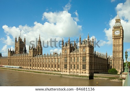 House of Parliament with  Big Ben  tower in London,  UK.  view from Themes river
