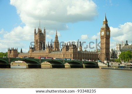 House of Parliament with  Big Ben  tower in London UK view from Themes river