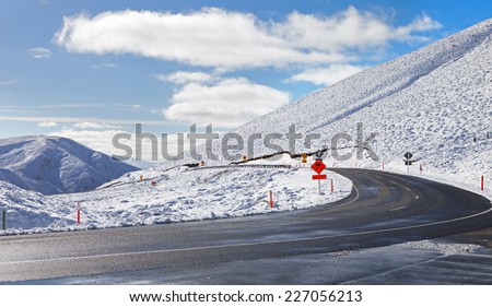 Road Through Snowy Mountains. Crown Range Road, South Island, New Zealand