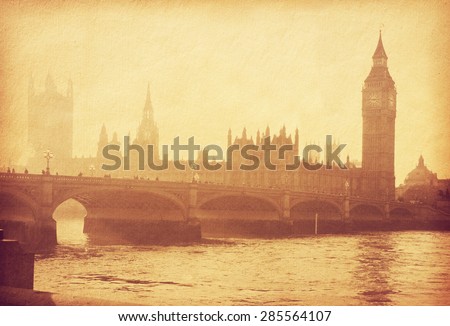 Buildings of Parliament with Big Ban tower in London, UK. Photo in retro style. Added paper texture. Toned image