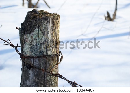 A barbwire fence post stands guard in a winter field.