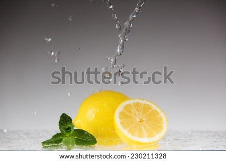 fresh lemon cut into slices with mint in a spray of water