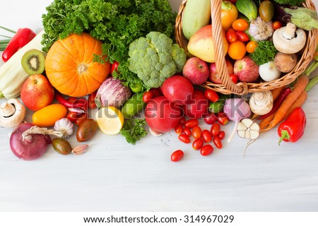 Collection fruits and vegetables isolated on a white background top view.