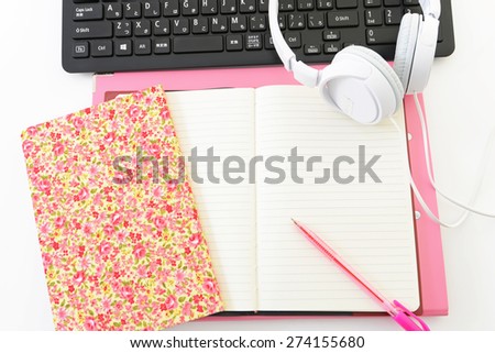 Notebook and keyboard and headphone