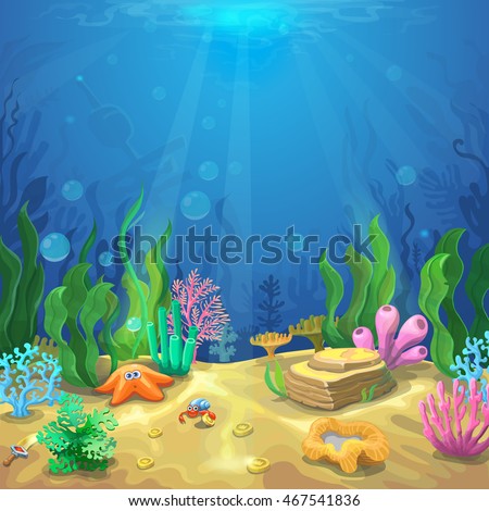Underwater landscape. The ocean and the undersea world with different inhabitants, corals and starfish, marine life vector