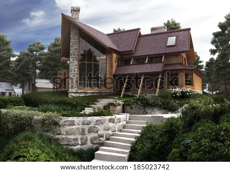 Residential house stone steps flowers clouds pine trees plants garden