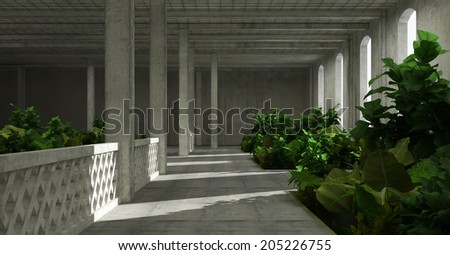 interior, concrete column ivy leaves