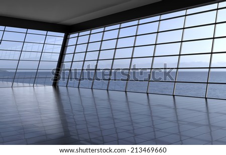 Modern airport passenger terminal. Empty hall interior with ceramic floor to ceiling windows and scenic background