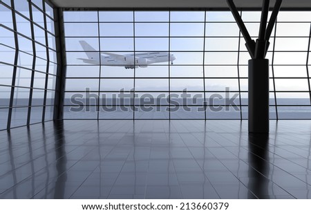 Modern airport passenger terminal. Empty hall interior with ceramic floor to ceiling windows and scenic background