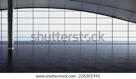 3d rendering. Modern airport passenger terminal. Empty hall interior with ceramic floor to ceiling windows and scenic background. departure lounge