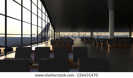 3d rendering. Modern airport passenger terminal. Empty hall interior with ceramic floor to ceiling windows and scenic background. Empty seats in the departure lounge at the airport