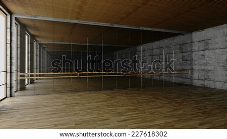 3d rendering. blank interior. concrete walls blank dance interior. choreography room. dancing interior