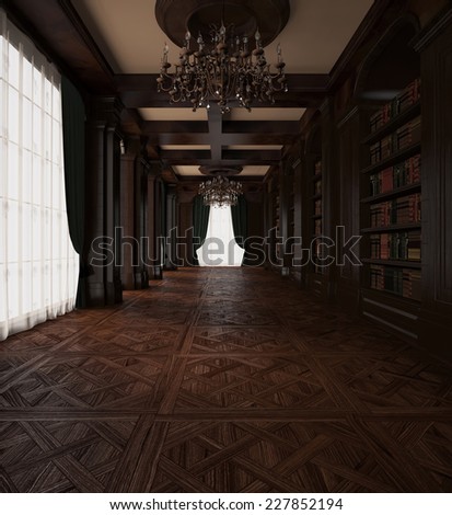 3d rendering. Antique book Room. Classical wooden reading hall