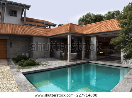 3d rendering. Home Patio and Pool
