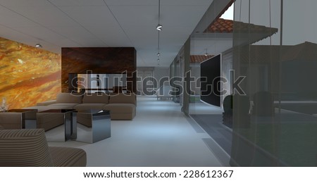 3d rendering. Interior of modern apartment, empty living room with large windows. Onyx illuminated wall