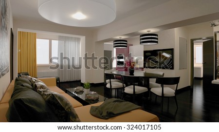 3d rendering. Interior of modern apartment, empty living room with large windows