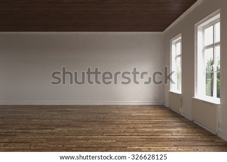 3d rendering. blank interior. White walls. Wooden floor. The garden outside the window