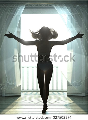 3d rendering. Girl meets morning, at his open door. Sunlight filled the room. The silhouette against the rays. Curtains, fluttering in the wind