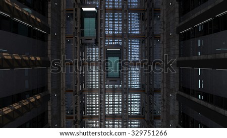 3d rendering. An open Elevator shaft in an office building