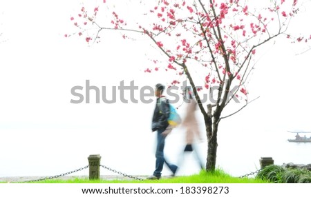 Love in the spring - a couple passed by a peach flower near the West Lake, HangZhou city, China
