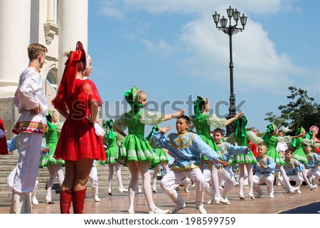 Crimea, Sevastopol - 12 June. The Holiday Of Day Of Russia. Children dance Russian folk dance. June 12, 2014 in Sevastopol, Crimea, Russia