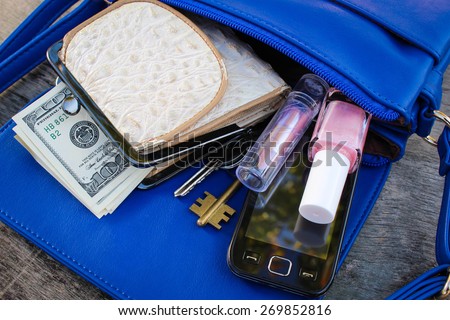Blue women\'s purse. Things from open lady hand bag.