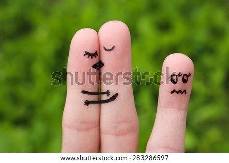 Finger art of a Happy couple. The happy couple kissing and hugging. girl is jealous and angry.