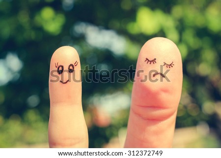 Finger art of  girlfriends. The concept woman is thin and woman is fat. Toned image.