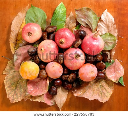 bouquet with autumn chestnuts, pomegranates, persimmons on a bed of leaves.