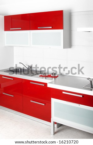 Modern red professional kitchen, and eqipment