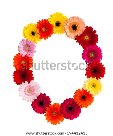 A flower letter on white background made of gerbera flowers