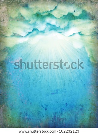 Vintage sky with sun and clouds.Nature background for design on old paper