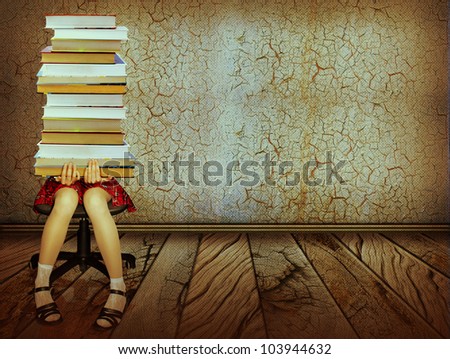 Girl with books sitting on wood floor in old dark room.Grunge collage background