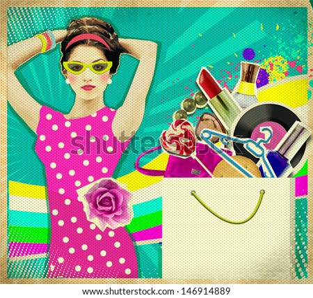 Beautiful Young woman in pink dress .retro shopping poster background