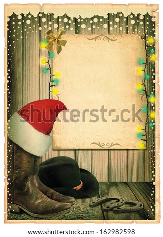 Cowboy Christmas background with Santa hat and antique paper for text on old card