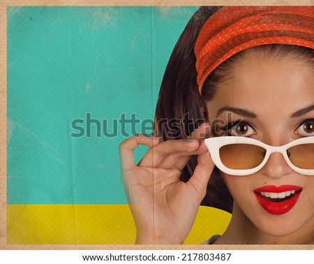 Retro pretty woman face with white sunglasses.Stylized background on old paper texture